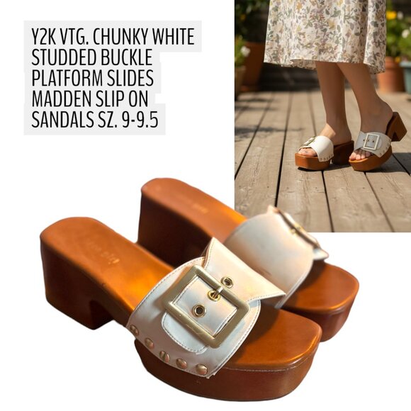 Y2K VTG. CHUNKY WHITE STUDDED BIG BUCKLE SLIDES MADDEN SLIP ON SANDALS 9-9.5
